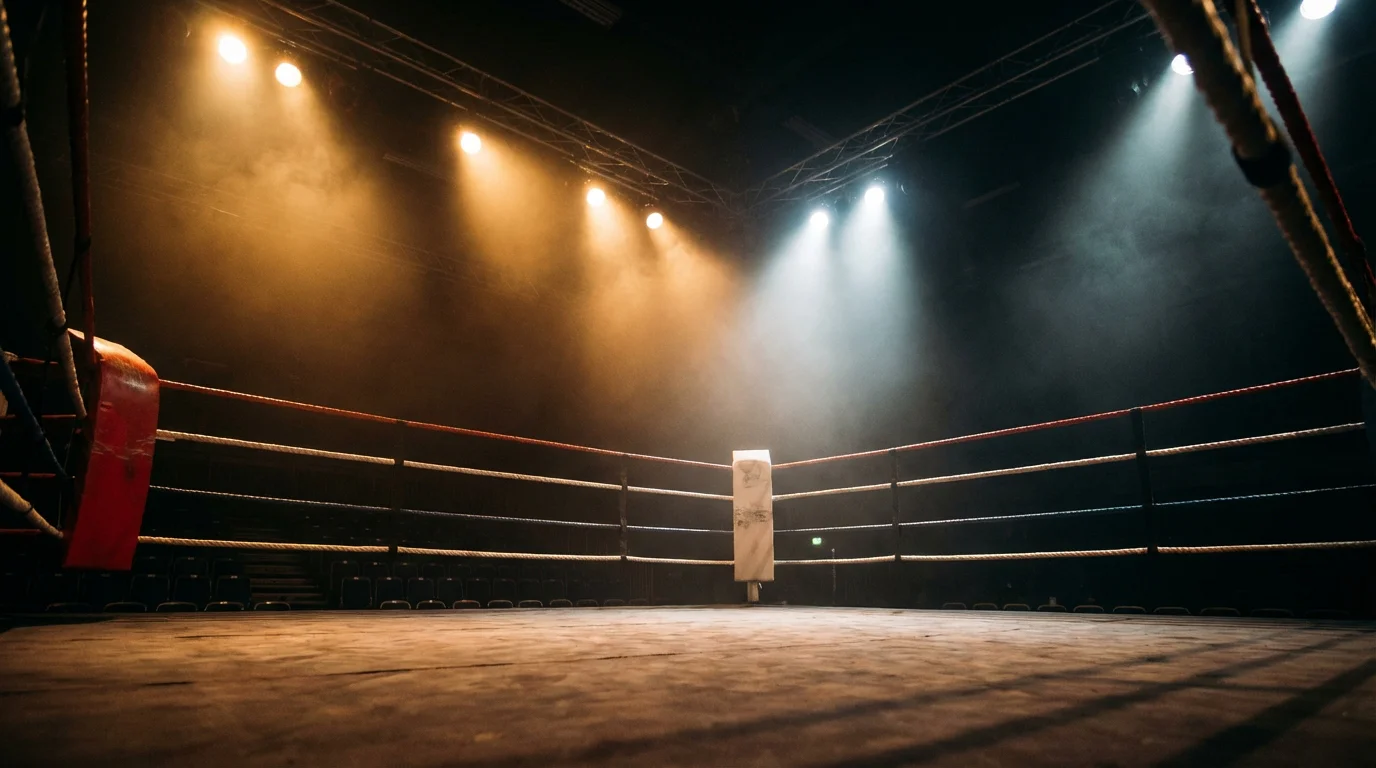 Cuadrilátero de boxeo profesional iluminado bajo focos antes de un combate de apuestas