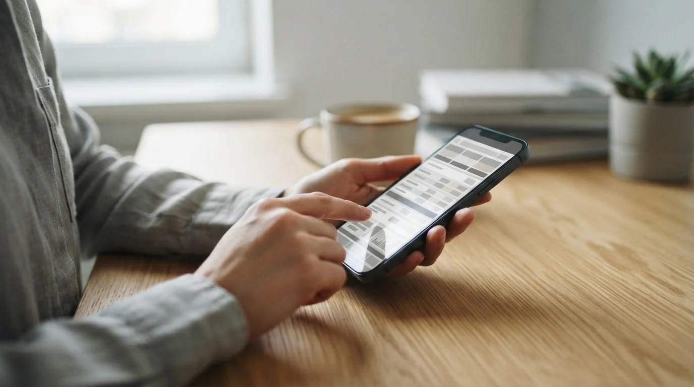 Persona revisando datos de apuestas en un teléfono móvil sobre una mesa neutra