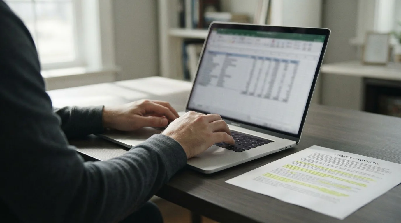 Manos sobre teclado revisando documento con cálculos de requisitos de rollover