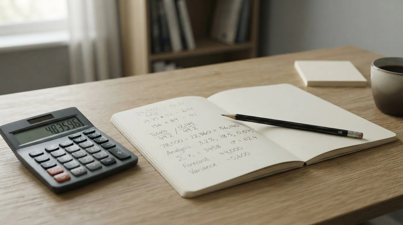 Calculadora y cuaderno con cálculos de depósitos mínimos y comisiones