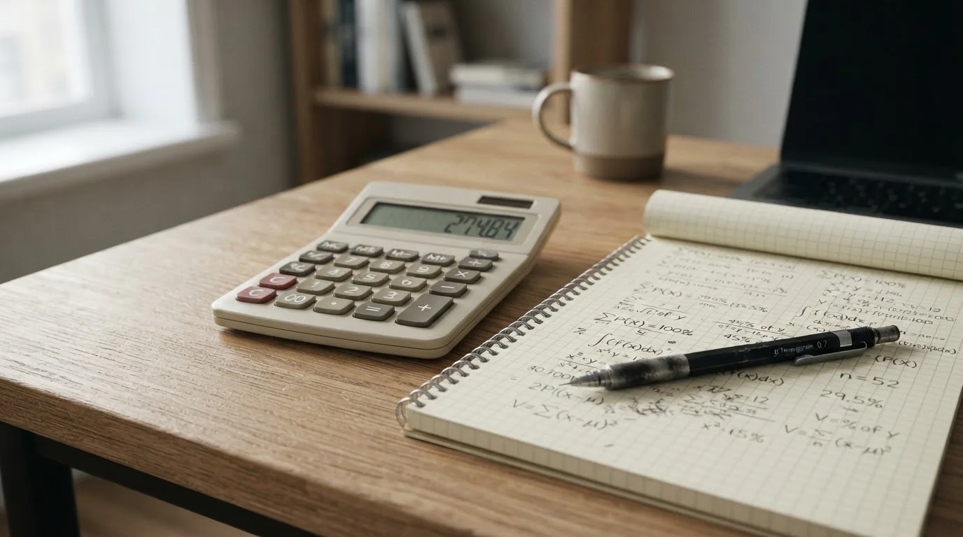 Calculadora y papel con cálculos de márgenes y probabilidades