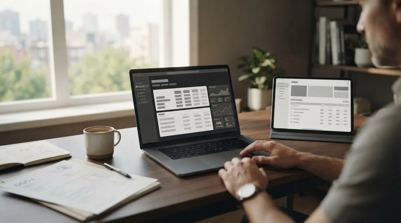 Espacio de trabajo ordenado con dispositivos mostrando interfaces de apuestas legales reguladas en España