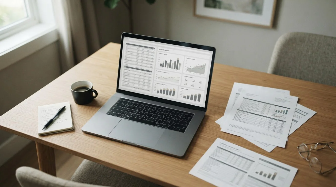 Vista cenital de una mesa de trabajo con documentos de regulación de apuestas y un ordenador mostrando tablas comparativas