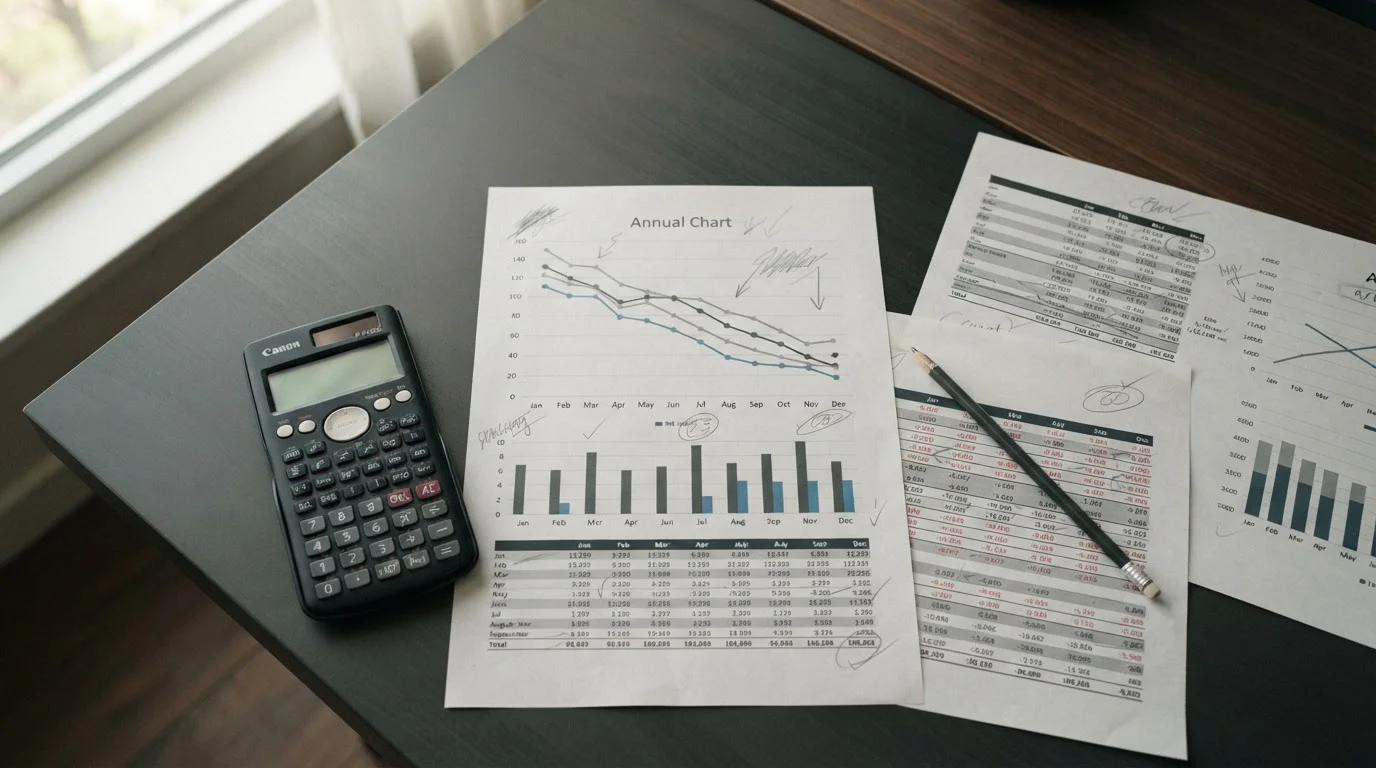 Calculadora y gráficos anuales mostrando análisis de costes acumulados a largo plazo