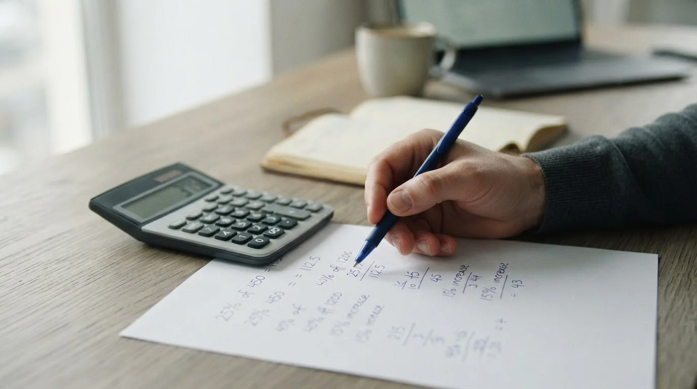 Primer plano de una calculadora y hoja de papel con cálculos de márgenes y porcentajes