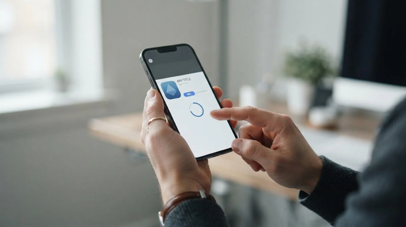 iPhone con pantalla de App Store mostrando el proceso de descarga de aplicaciones