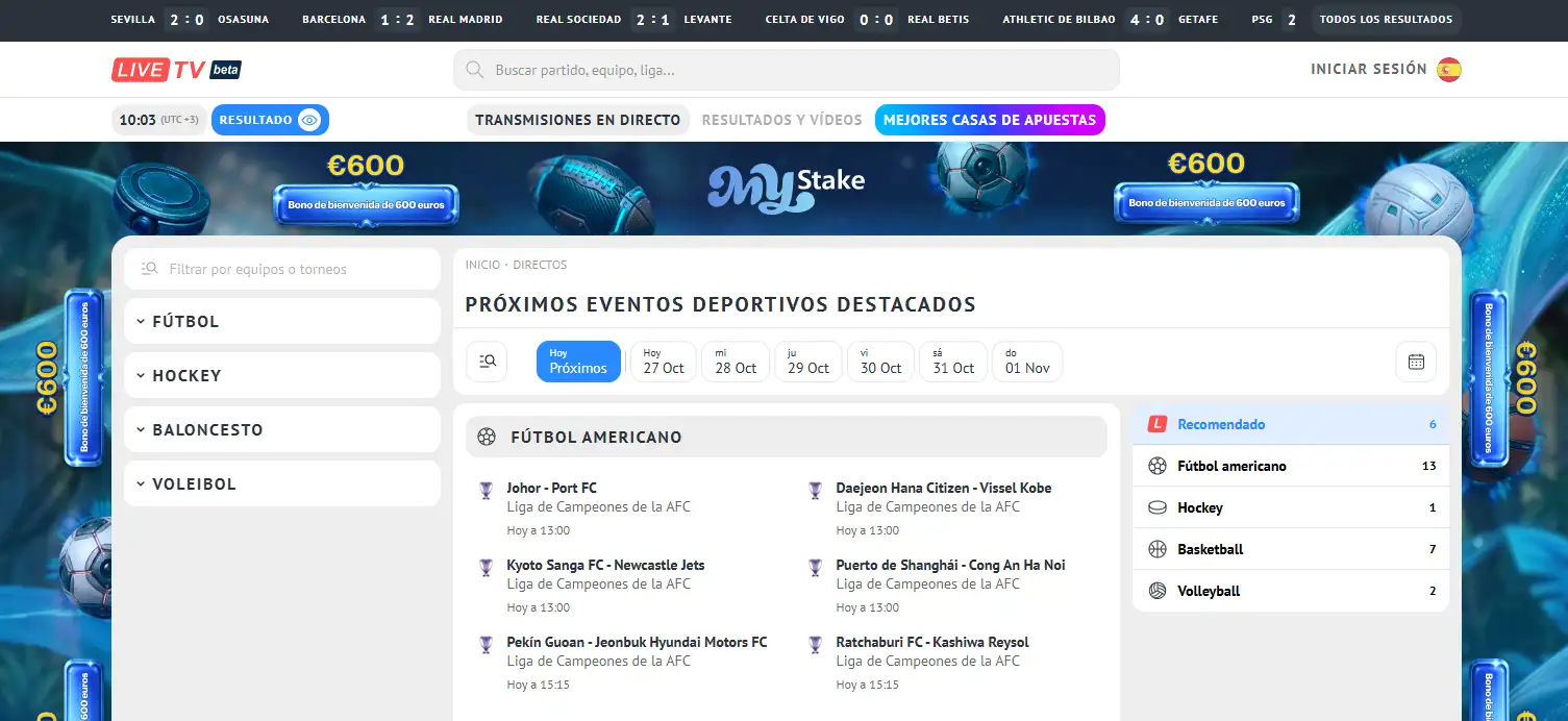 Calendario de próximos encuentros deportivos con selector de fechas