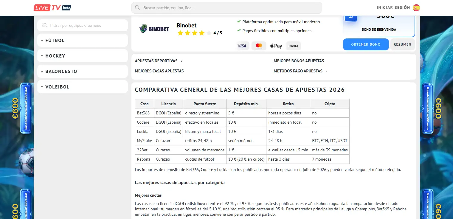 Tabla de comparativa de casas de apuestas con categorías de evaluación