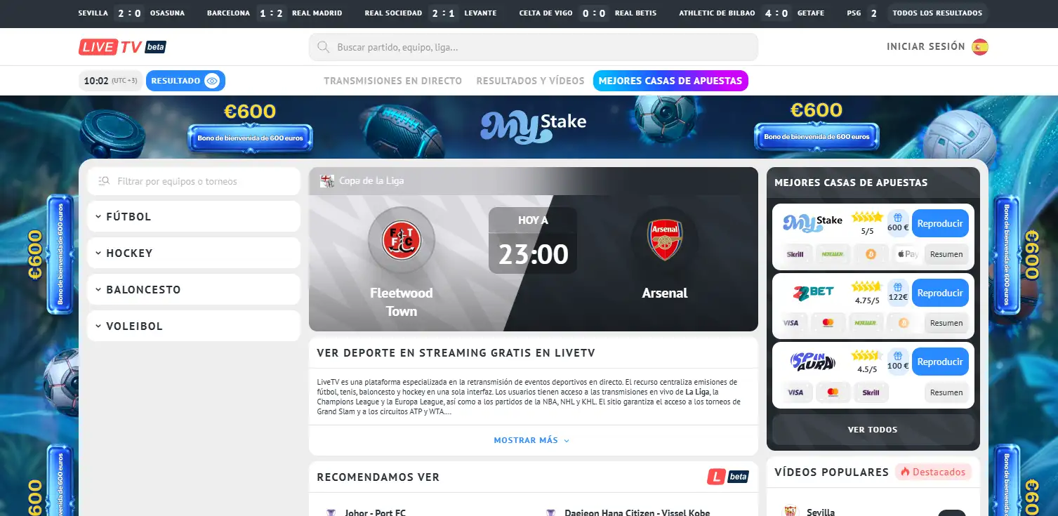 Portada de LiveTV con navegación de deporte y resultados en español