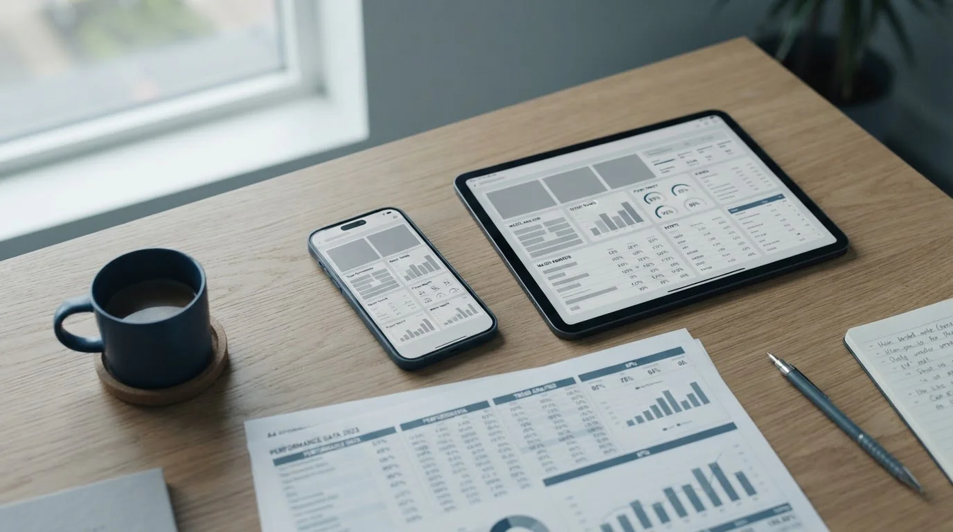 Vista cenital de escritorio con smartphone, tablet y documentos sobre análisis de casas de apuestas españolas