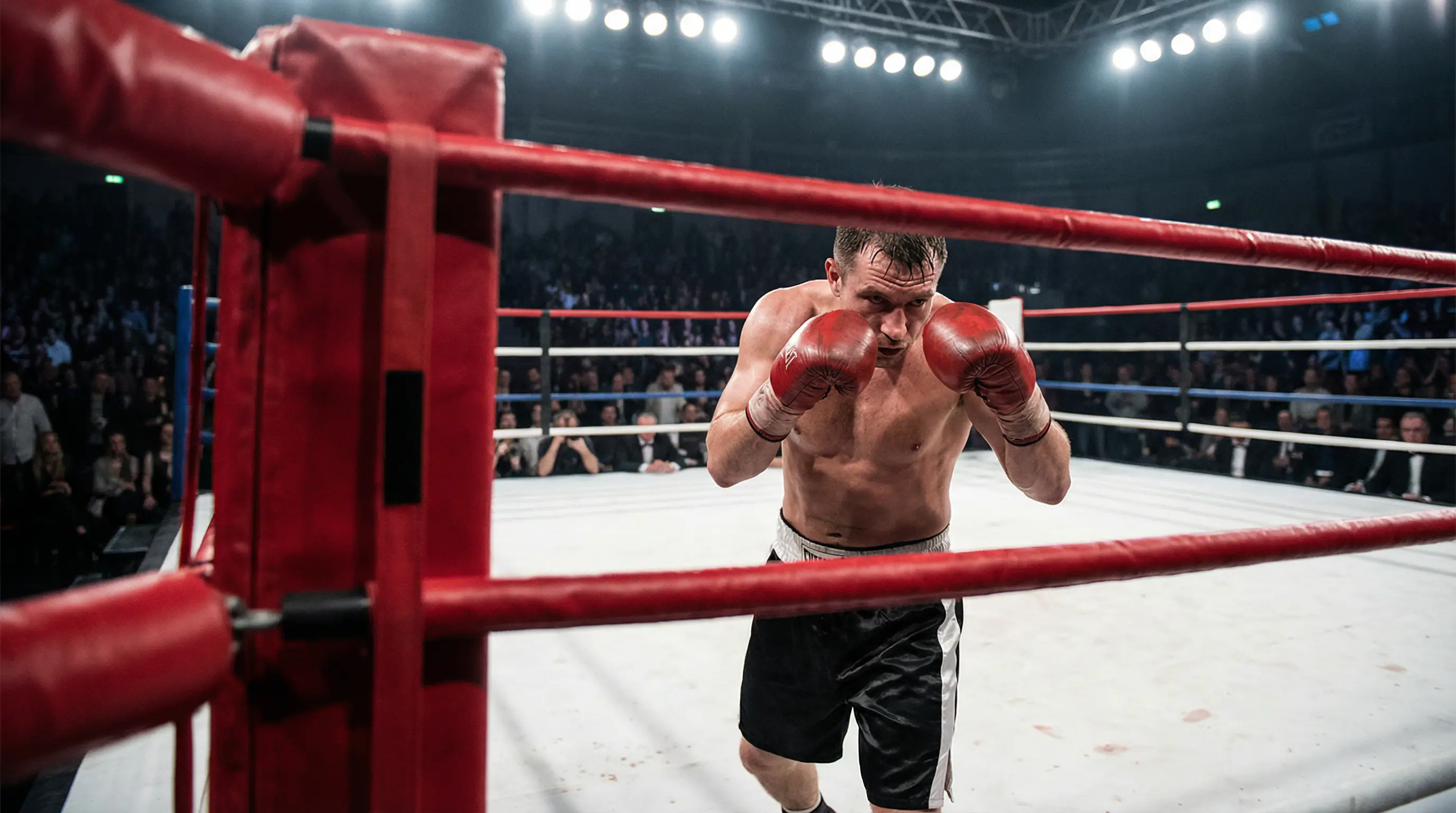 Boxeador profesional en posición de guardia dentro del ring antes de un combate con mercados de apuestas