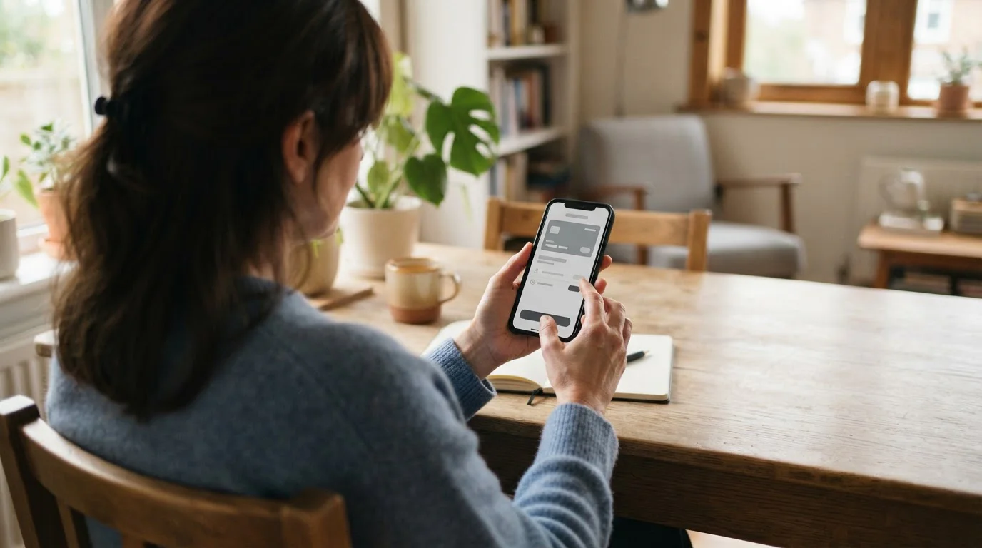 Persona usando teléfono móvil para gestionar un pago digital desde casa