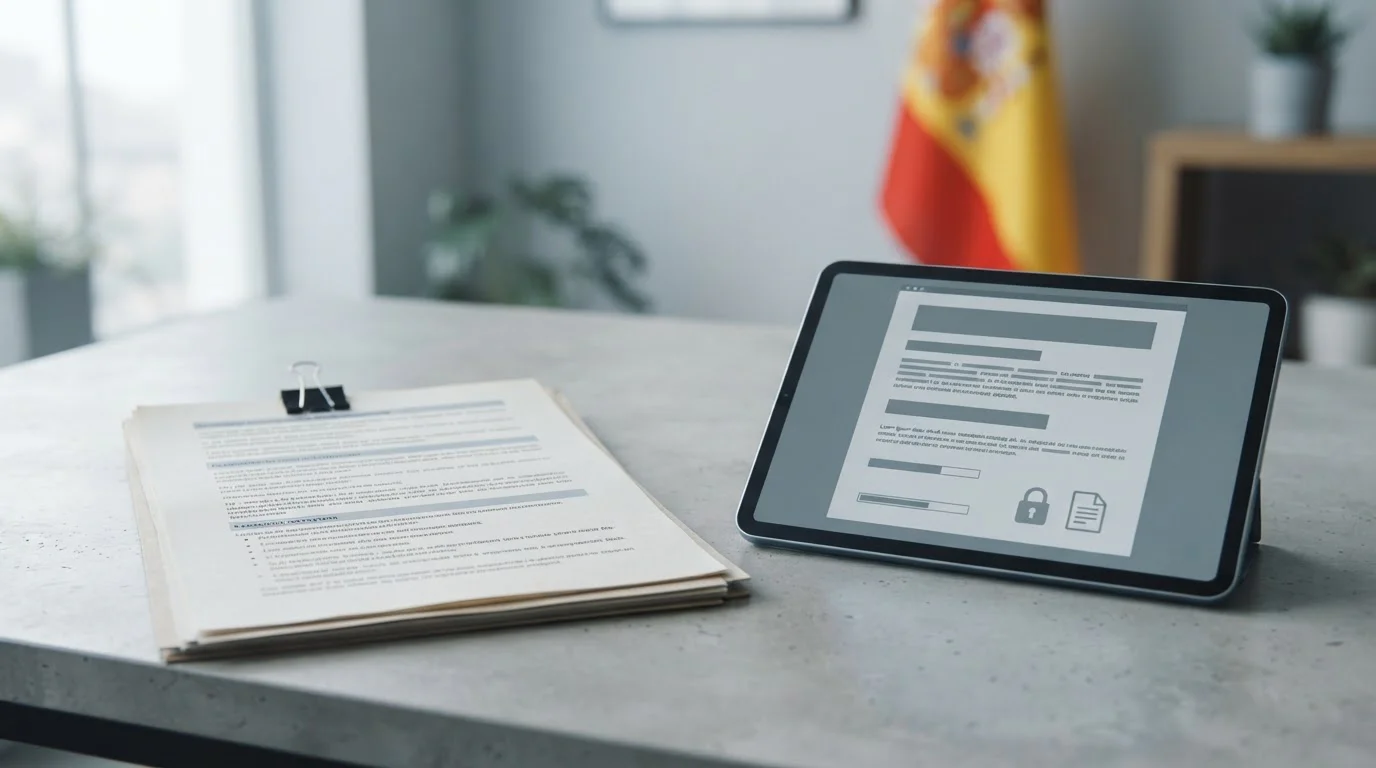 Documento oficial y tableta mostrando información sobre el marco regulatorio de apuestas en España