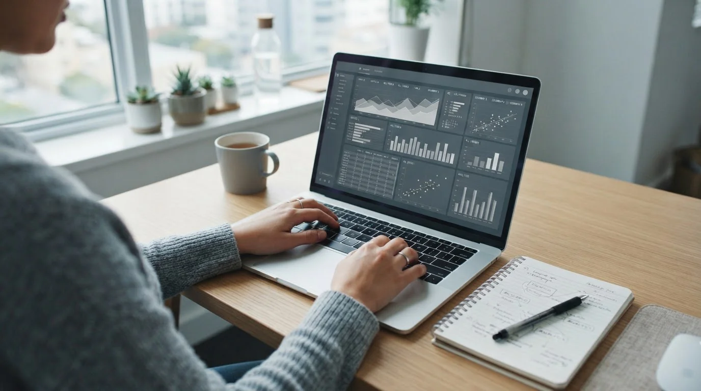 Pantalla de ordenador con software de análisis mostrando tablas y gráficos de datos